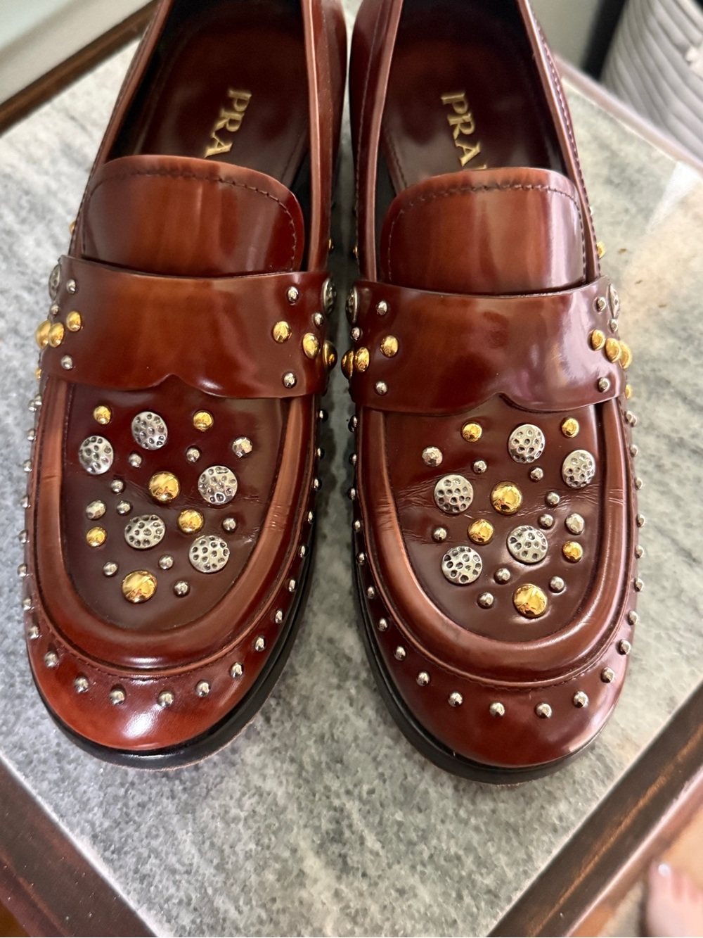 Prada Brown Leather Studded Loafers - Size 36.5 - Picture 3 of 8